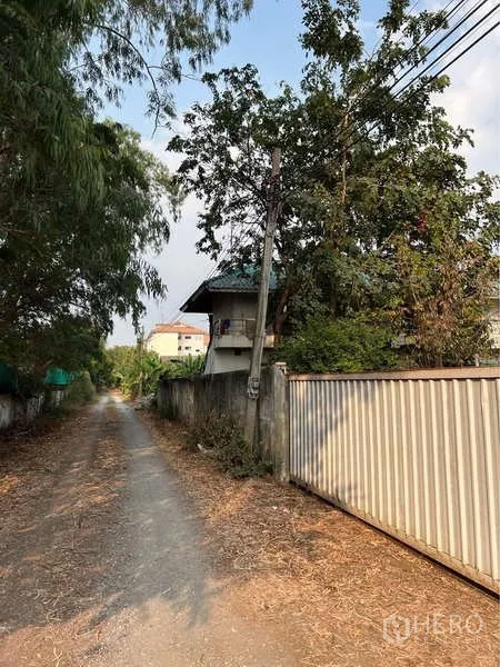 货栈 出售在Bang Bua Thong, Nonthaburi - 通往物业的入口小路与金属推拉门，路旁树木成荫。