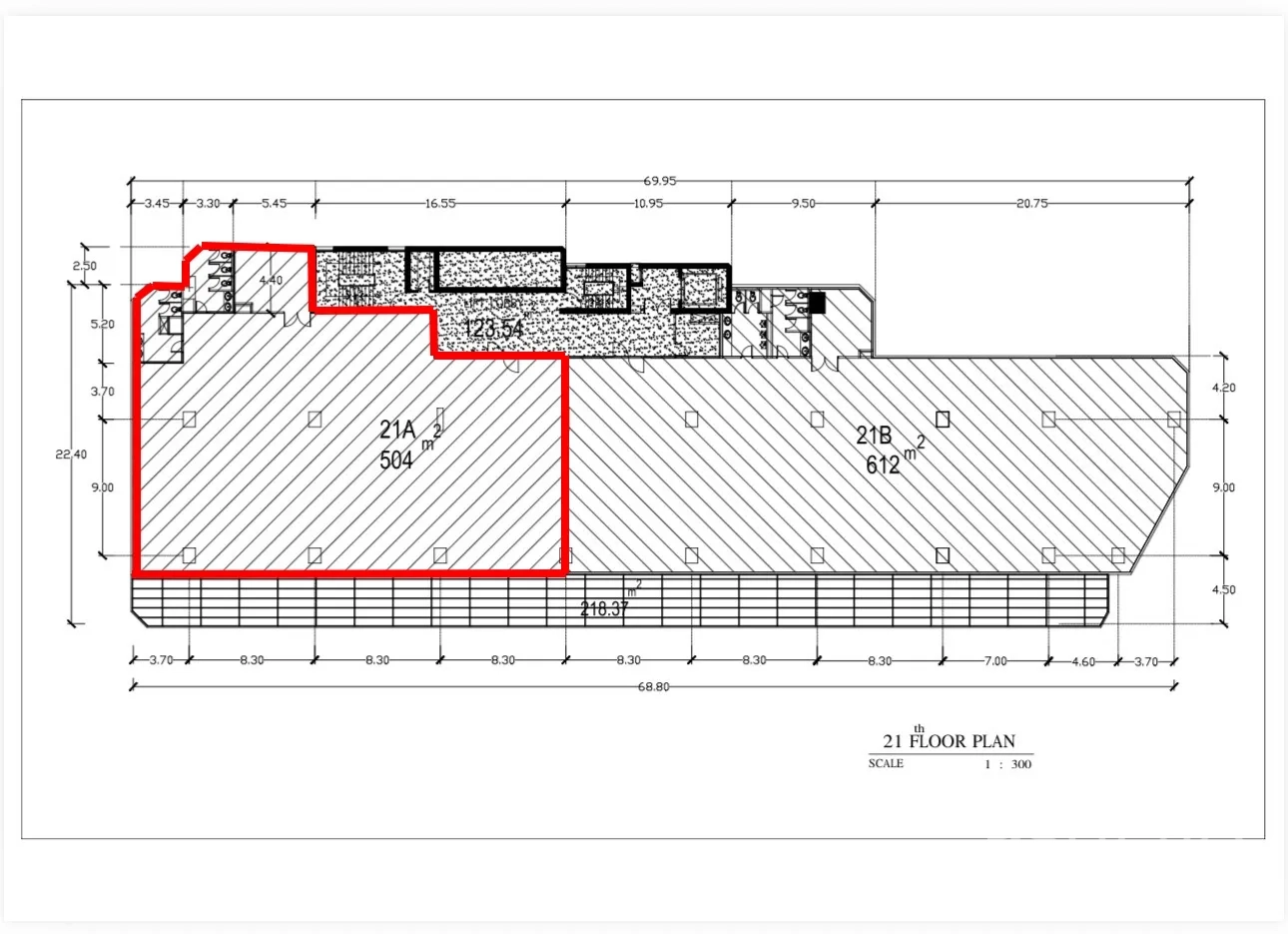 办公室 for rent in Watthana, Bangkok - 平面图以红线标出约504平方米的办公单元。