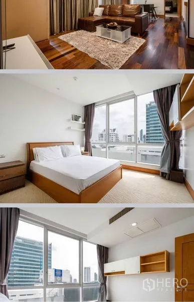 公寓 出租在Sathon, Bangkok - 明亮次卧，大窗与城市景观，带内置置物架。