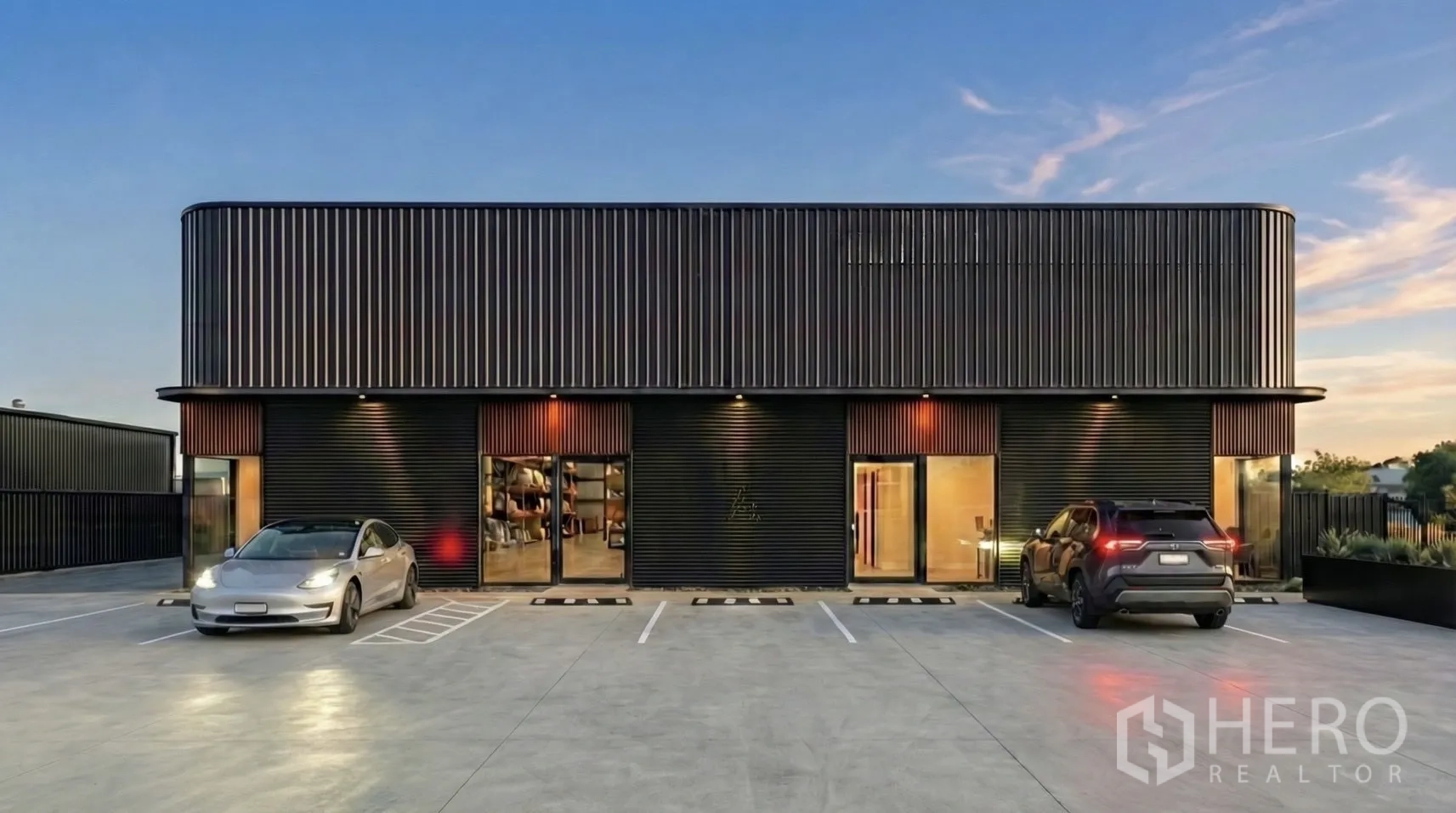 Warehouse for rent in Suan Luang, Bangkok - Front elevation of finished warehouse units at dusk with glass entries, roller shutters and marked parking bays.