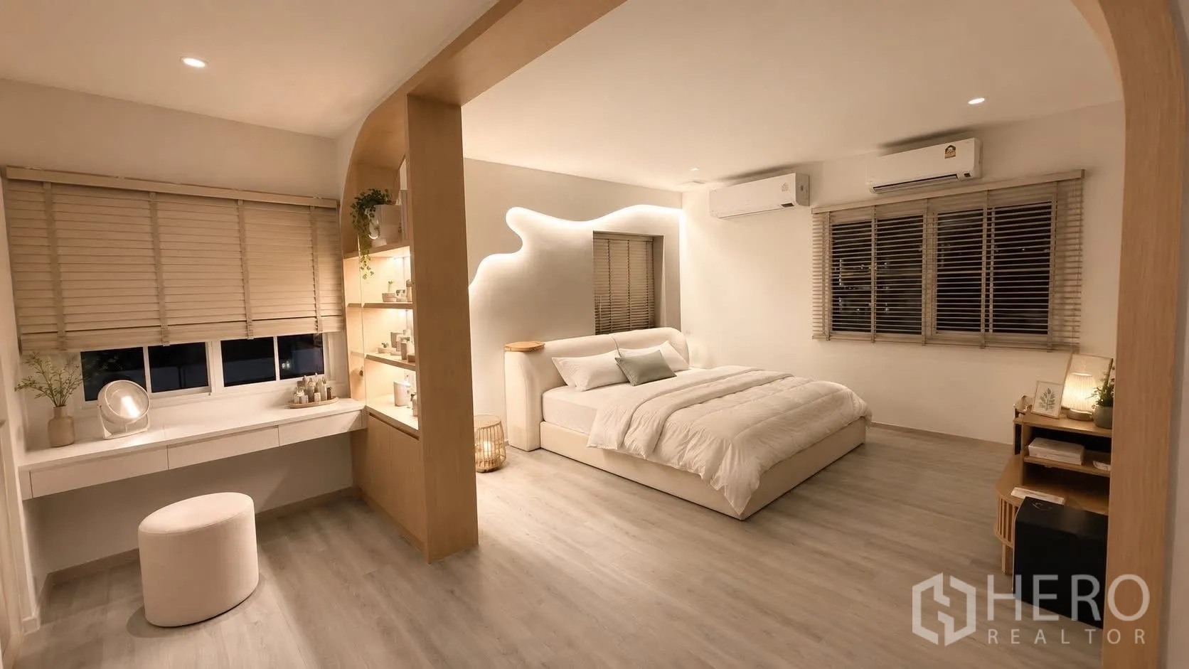 Detached House for rent or sale in Bang Phli, Samut Prakan - Spacious master bedroom with double bed, vanity, built-in shelves, and air conditioners.