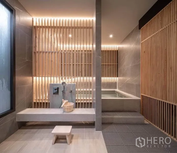 คอนโด ให้เช่าในWatthana, Bangkok - ห้องออนเซ็นสไตล์สปา พร้อมบ่อแช่ ผนังไม้ระแนง และผิวหิน