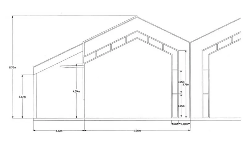 Warehouse for rent in Lat Phrao, Bangkok - Elevation drawing of the warehouse showing a gable roof and marked dimensions.