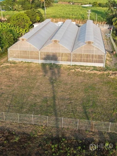 ที่ดิน ให้เช่าในNakhon Pathom - มุมด้านหน้าของโรงเรือนเชื่อมต่อ 3 หลัง ติดกับพื้นที่รั้วล้อม