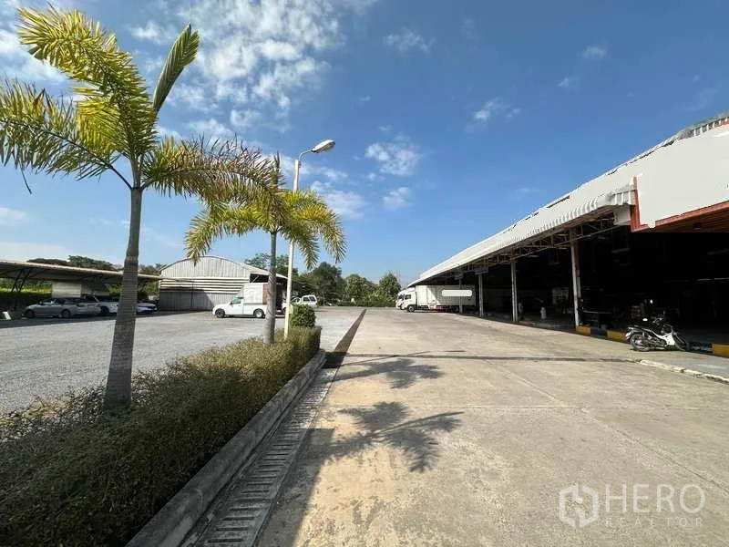 คลังสินค้า ให้เช่าในLam Luk Ka, Pathum Thani - ถนนทางเข้าเรียงด้วยต้นปาล์มข้างพื้นที่ขนถ่ายสินค้าคลุมหลังคา