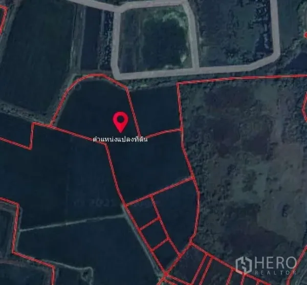 Land for sale in Nakhon Chai Si, Nakhon Pathom - Satellite view showing the outlined 77-rai land plot in Nakhon Chai Si with a map pin and nearby access roads.