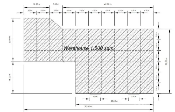 Warehouse for rent in Si Racha, Chon Buri - Floor plan showing a 1,500 sqm warehouse layout with dimensions and grid.