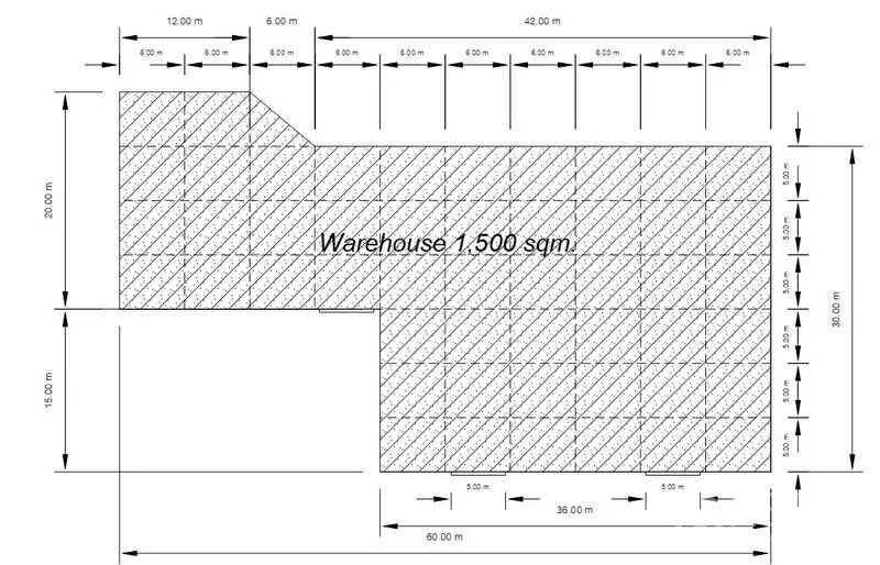 Warehouse for rent in Si Racha, Chon Buri - Floor plan showing a 1,500 sqm warehouse layout with dimensions and grid.