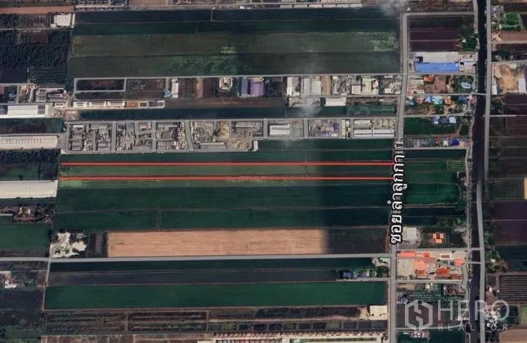 Land for sale in Lam Luk Ka, Pathum Thani - Aerial view highlighting long rectangular land strips with road access in Lam Luk Ka, Pathum Thani.