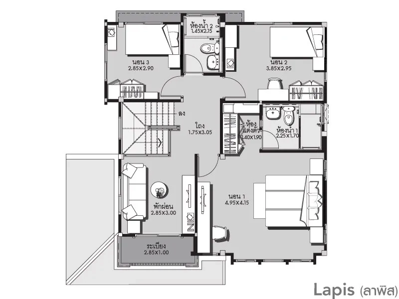 Detached House for rent in Bang Kapi, Bangkok - Second-floor plan illustrating three bedrooms, bathrooms and family area.