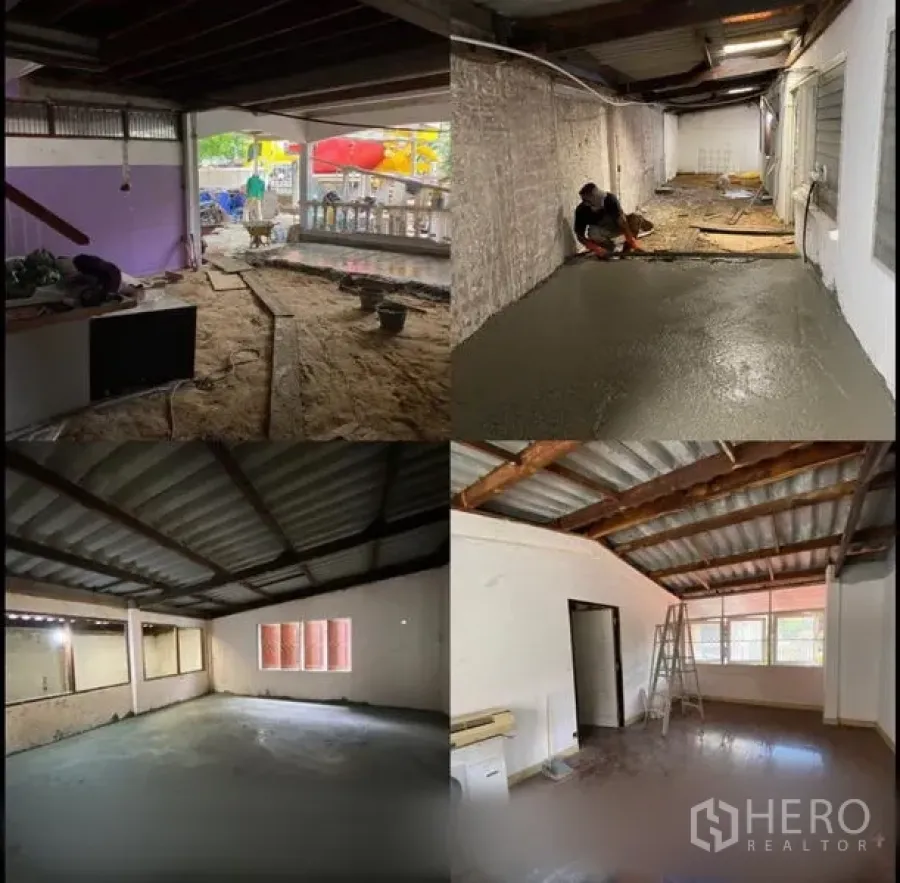 Home Office for rent in Suan Luang, Bangkok - Home office interior under renovation with new concrete flooring, exposed beams and wide windows in Suan Luang, Bangkok.