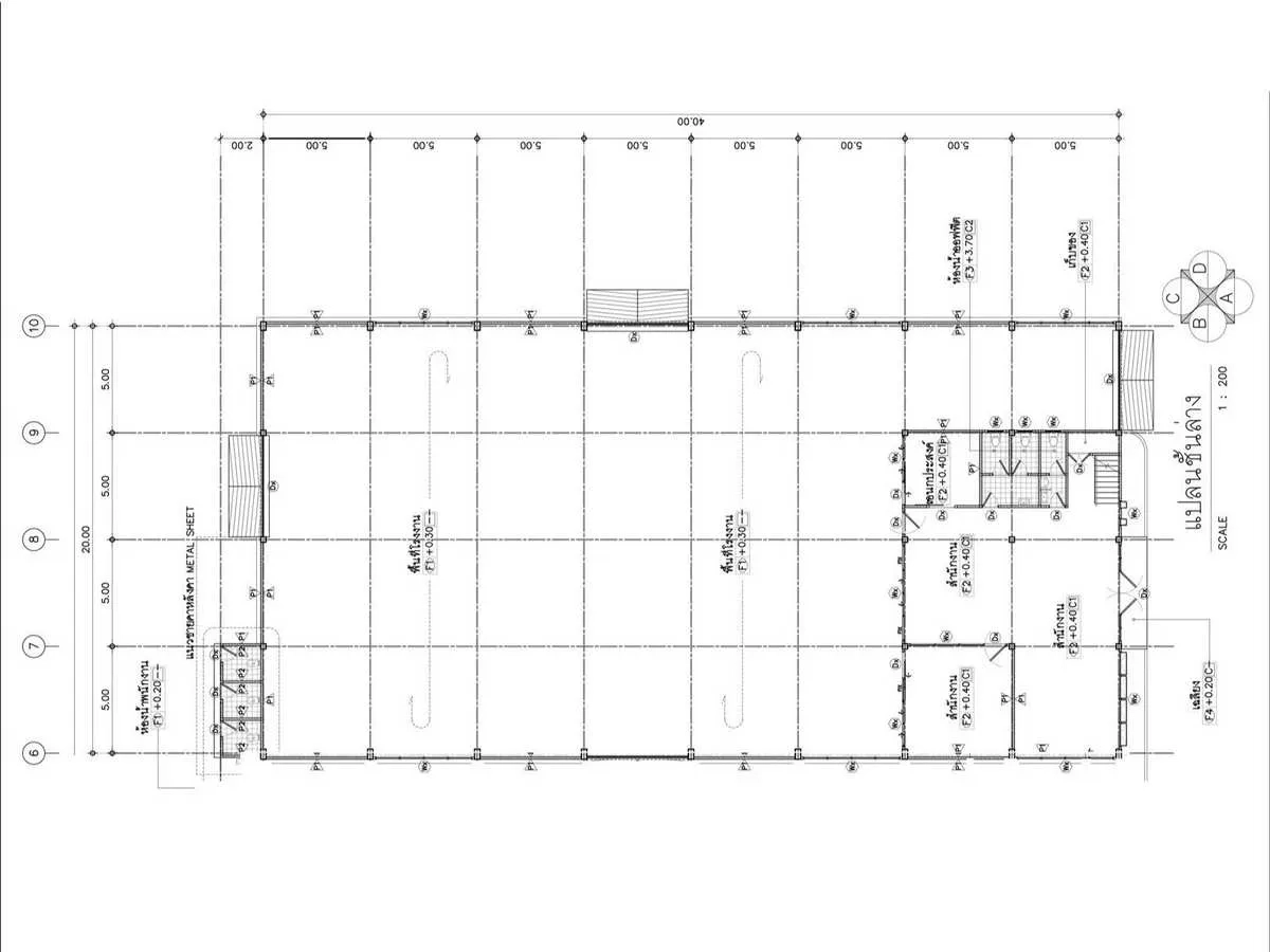 Factory for rent in Samut Prakan - Ground floor factory plan drawing with column grid and office area.