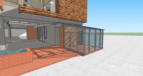 零售空间 出租在Watthana, Bangkok - 侧向走道视角，滑动玻璃墙与赤陶铺地的零售空间。