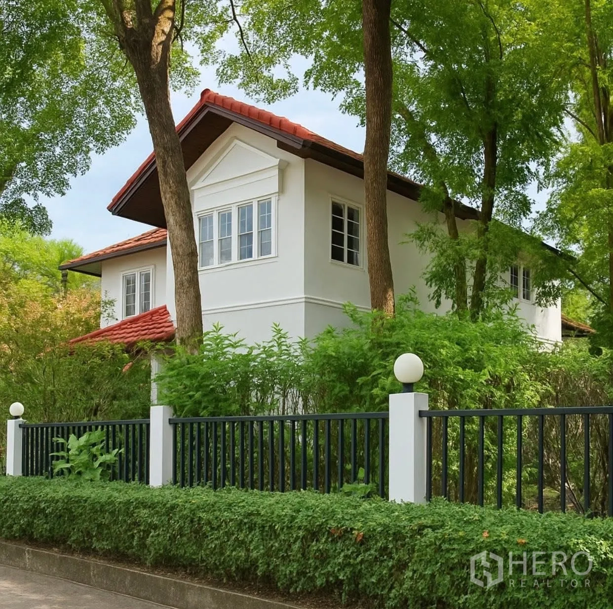 Detached House for rent in Saphan Sung, Bangkok - Side view of home with red-tile roof and tall trees behind the fence.