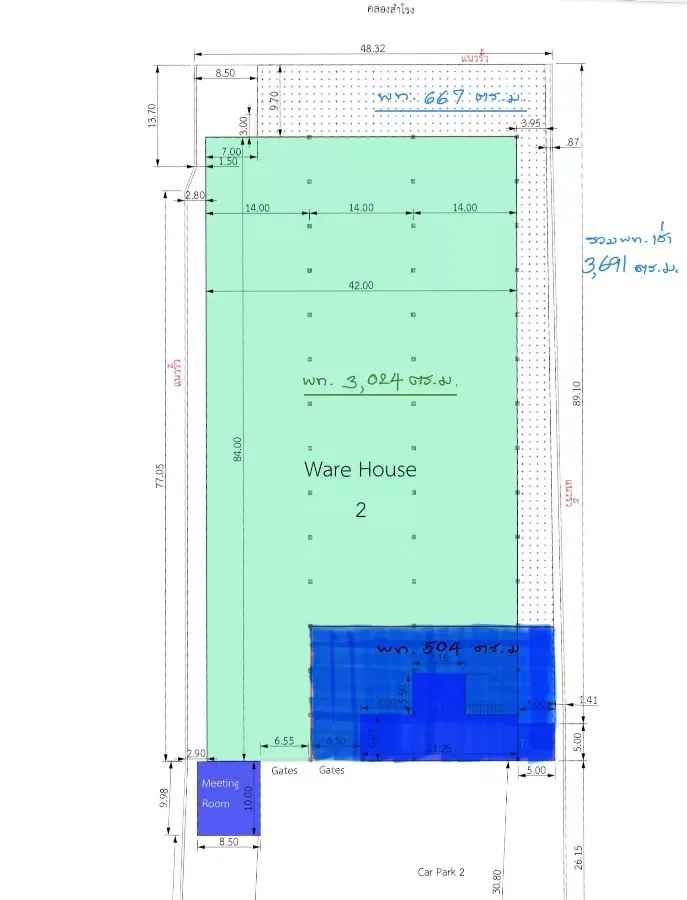 โรงงาน ให้เช่าในBang Phli, Samut Prakan - ผังอาคารแสดงโกดัง ห้องสำนักงาน ประตูทางเข้า และลานจอดรถพร้อมระยะ