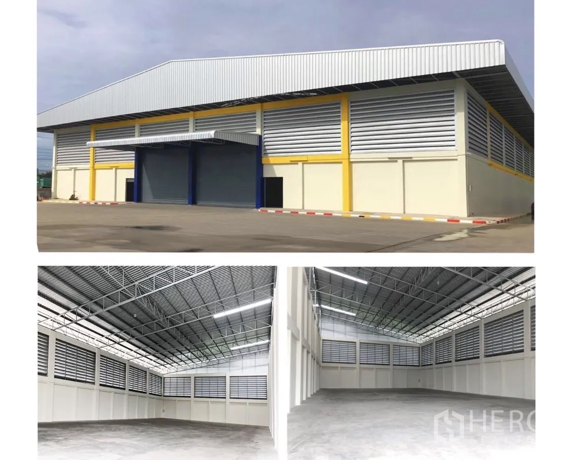 工厂 出租在Mueang Samut Sakhon, Samut Sakhon - 现代厂房，双卷闸门，内景展示高挑空间、钢桁架屋顶与百叶通风窗。