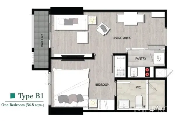 Condominium for rent in Pathum Wan, Bangkok - One-bedroom condo floor plan showing living area, pantry, bathroom and balcony.