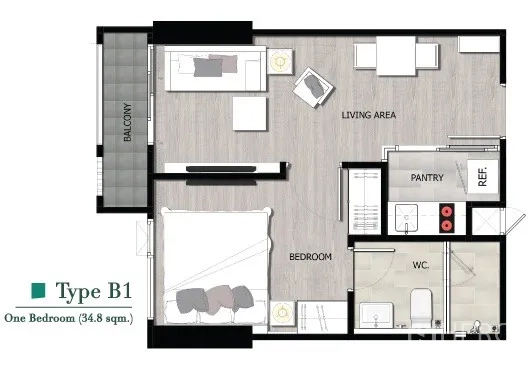 Condominium for rent in Pathum Wan, Bangkok - One-bedroom condo floor plan showing living area, pantry, bathroom and balcony.