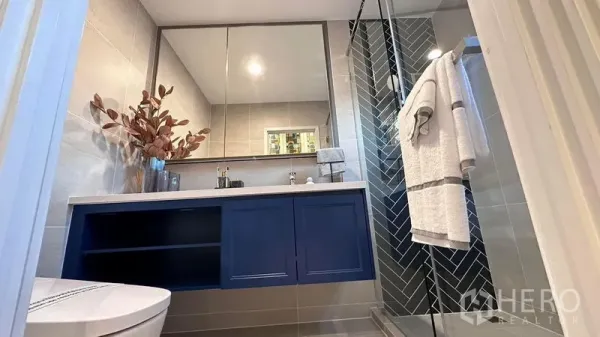Detached House for rent or sale - Modern bathroom featuring a large mirror, blue vanity and a glass-enclosed shower.