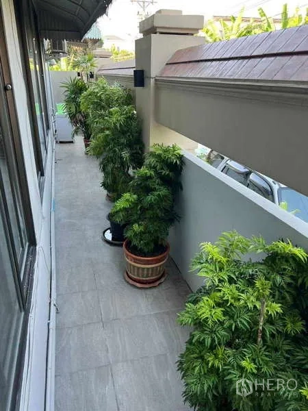 ทาวน์เฮาส์ ให้เช่าในKhlong Toei, Bangkok - ระเบียงข้างยาววางต้นไม้กระถางตลอดแนว