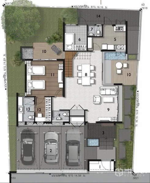 ทาวน์เฮาส์ ให้เช่าในKhlong Toei, Bangkok - ผังชั้นล่างแสดงที่จอดรถ พื้นที่นั่งเล่น และห้องนอน