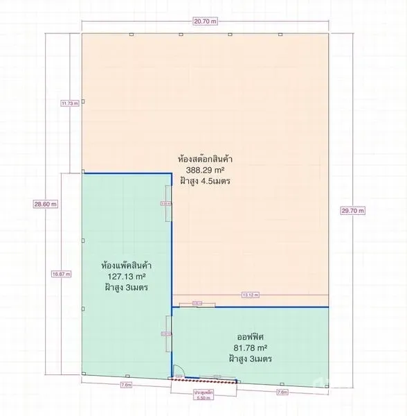 คลังสินค้า ให้เช่าในYan Nawa, Bangkok - ผังพื้นโกดัง 600 ตร.ม. แสดงโถงเก็บสินค้าสูง 4.5 ม. พร้อมพื้นที่แพ็กกิ้งและออฟฟิศ