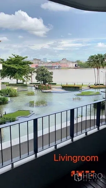 Condominium for rent in Yan Nawa, Bangkok - Balcony view from the living room over landscaped ponds toward the Chao Phraya River.