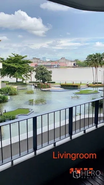 Condominium for rent in Yan Nawa, Bangkok - Balcony view from the living room over landscaped ponds toward the Chao Phraya River.