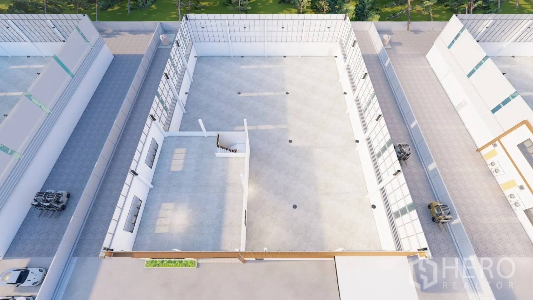 Factory for rent or sale in Lam Luk Ka, Pathum Thani - Aerial view of spacious factory floor with open production area and internal office core.