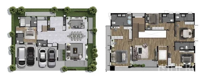 Detached House for sale in Bang Phli, Samut Prakan - Two-storey house floor plan with 3-car garage, open living-dining area and upper bedrooms.