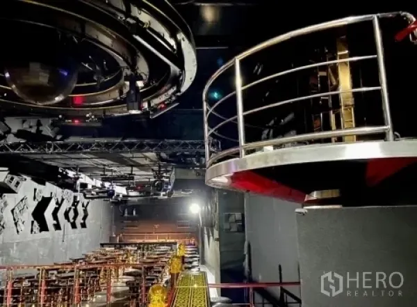 零售空间 出租 - 夜店风零售空间，带夹层阳台和悬挂圆形DJ台与桌椅。