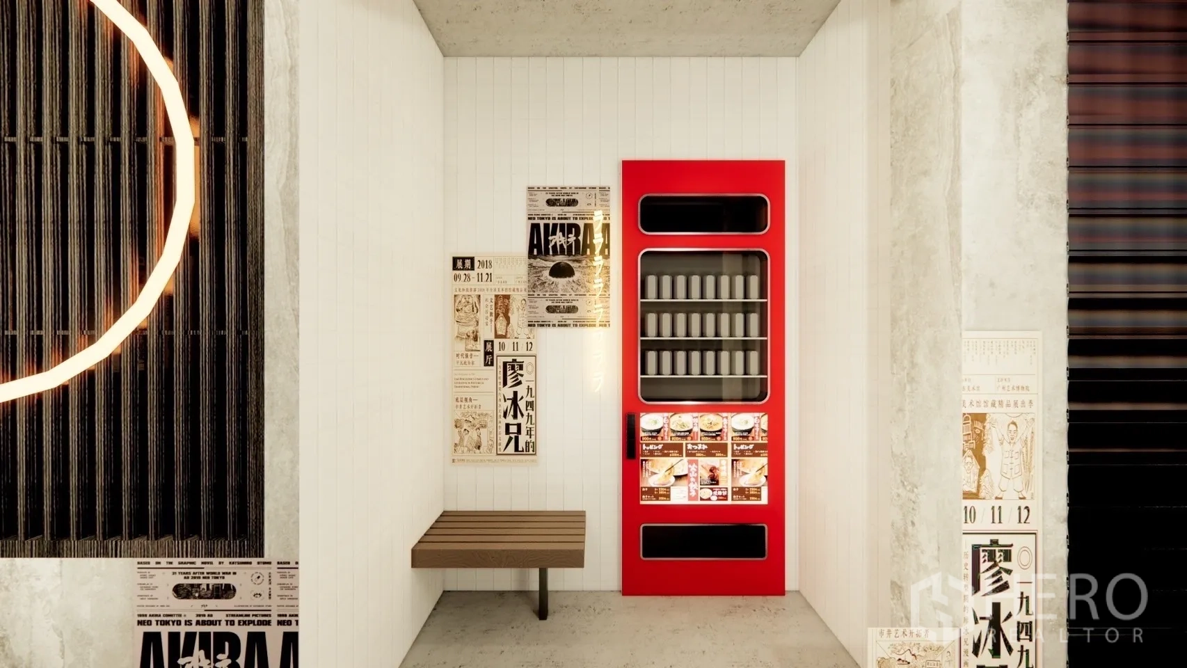 店屋 出租在Watthana, Bangkok - 白色入口一隅，红色自动售货机、长凳与复古海报。