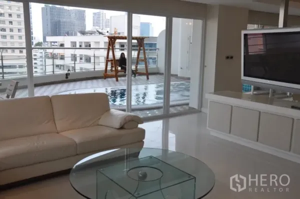 คอนโด ให้เช่าในKhlong Toei, Bangkok - ห้องนั่งเล่นโถงกว้าง เปิดสู่ระเบียงขนาดใหญ่พร้อมสระว่ายน้ำส่วนตัวและวิวสกายไลน์