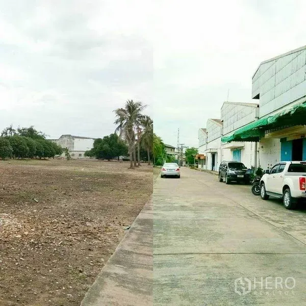 Warehouse for rent in Khlong Toei, Bangkok - Wide internal road with loading bays and adjacent open land suitable for parking or yard space.