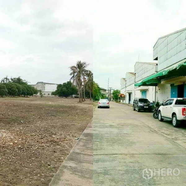 Warehouse for rent in Khlong Toei, Bangkok - Wide internal road with loading bays and adjacent open land suitable for parking or yard space.