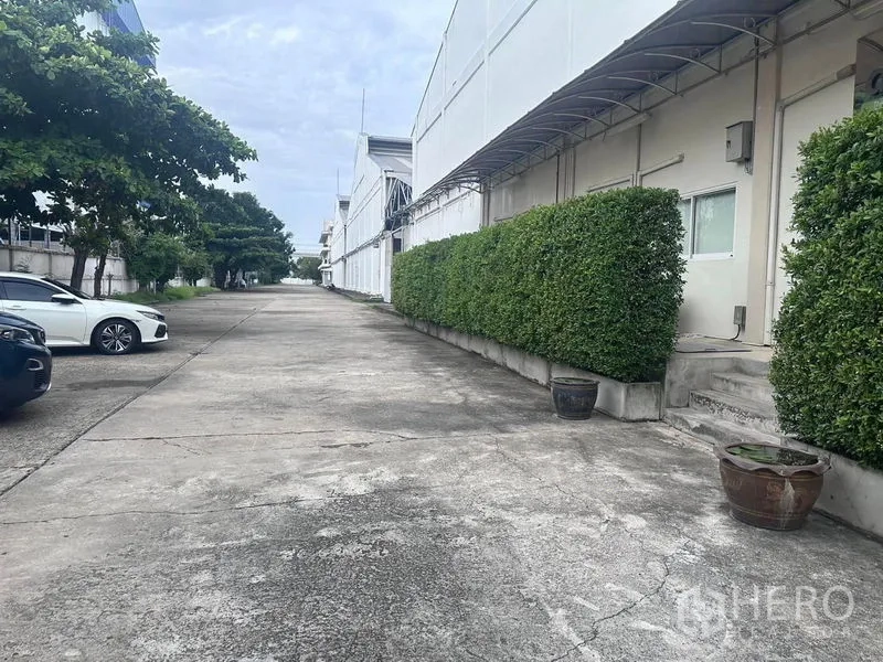 คลังสินค้า ให้เช่าในMueang Samut Prakan, Samut Prakan - ทางสัญจรนอกอาคารพร้อมแนวไม้พุ่มตัดแต่งและที่จอดรถ