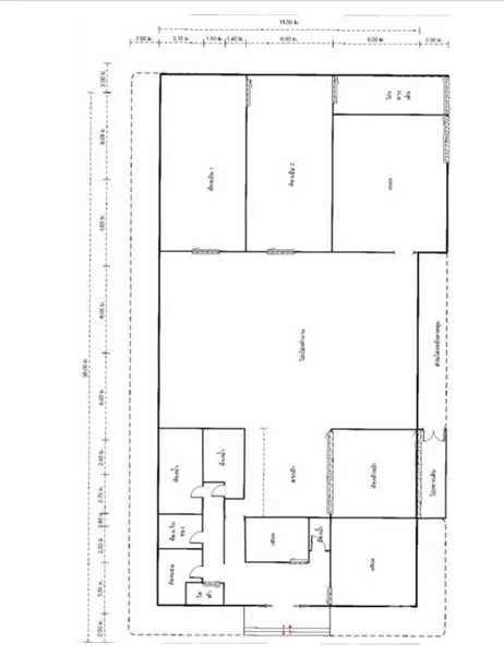 Warehouse for rent in Sam Phran, Nakhon Pathom - Floor plan showing warehouse zones and utility rooms.
