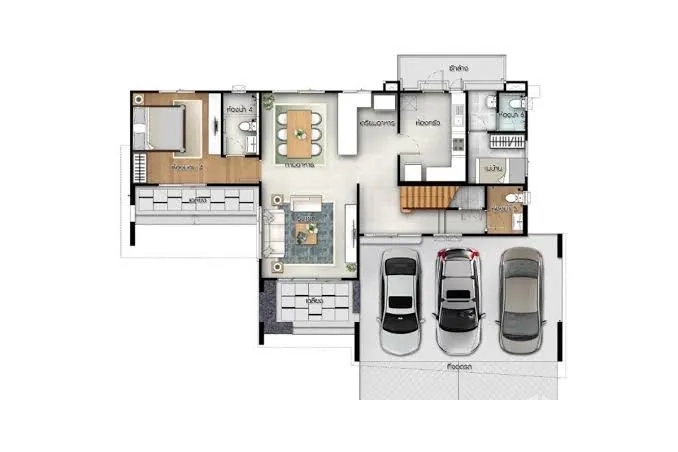 Detached House for rent or sale in Lam Luk Ka, Pathum Thani - Ground floor plan layout with living, dining, kitchen and three-car garage.