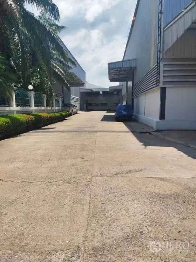 货栈 出租在Mueang Samut Sakhon, Samut Sakhon - 仓库之间的宽混凝土车道，椰子树与停车位