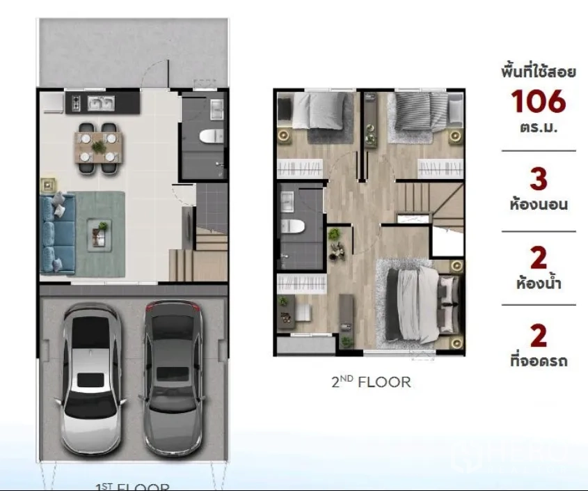 Townhouse for rent in Bang Phli, Samut Prakan - Two-storey townhouse floor plan showing 106 sqm, 3 bedrooms, 2 bathrooms and two-car parking.