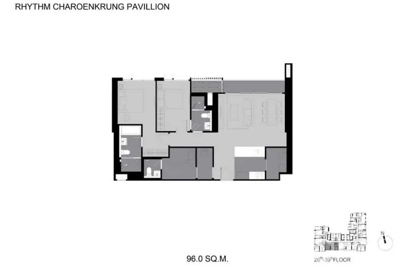 คอนโด ให้เช่าในBang Kho Laem, Bangkok - แบบแปลนคอนโดขนาด 96 ตร.ม. 2 ห้องนอน 2 ห้องน้ำ