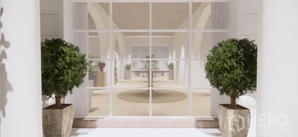 บ้าน ให้เช่าในKhlong Toei, Bangkok - ทางเข้ากระจกพร้อมไม้ประดับ นำสู่พื้นที่นั่งเล่นโปร่งโล่งและช่องโค้ง