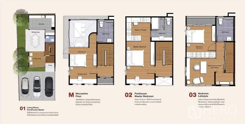สำนักงานที่บ้าน ขายในLat Phrao, Bangkok - แบบแปลนโฮมออฟฟิศหลายชั้น แสดงที่จอดรถ ชั้นลอย และห้องนอน