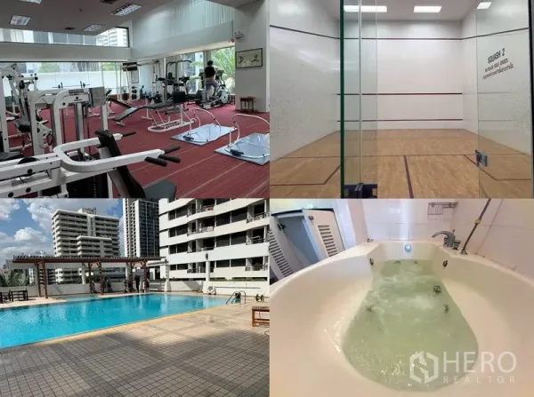 คอนโด ให้เช่าหรือขายในWatthana, Bangkok - ภาพรวมสิ่งอำนวยความสะดวก: ฟิตเนส สนามสควอช สระว่ายน้ำ และจากุซซี่