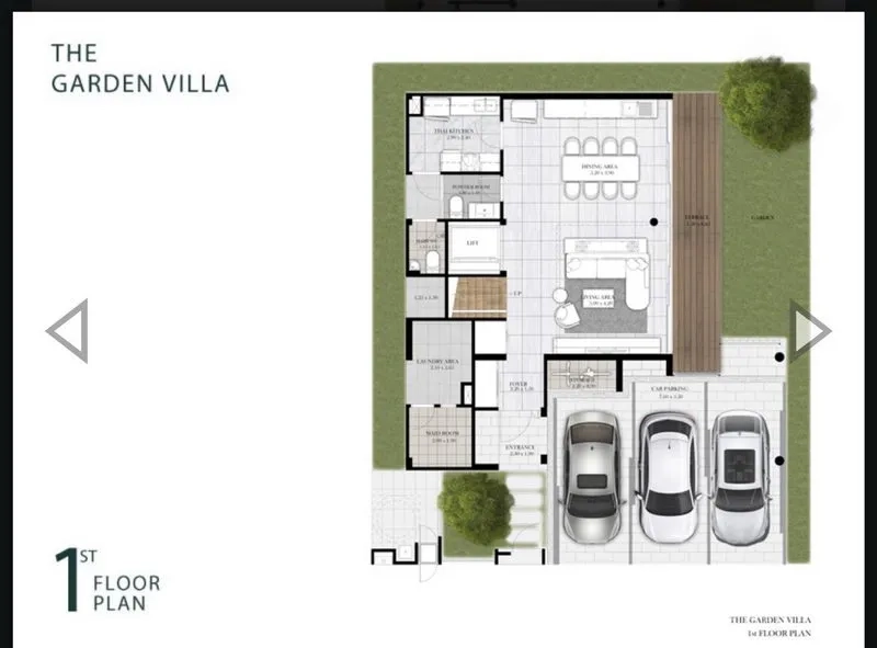 บ้าน ขายในYan Nawa, Bangkok - ผังชั้น 1 ชื่อ The Garden Villa แสดงที่จอดรถ 3 คัน พื้นที่รับแขก รับประทานอาหาร และครัว
