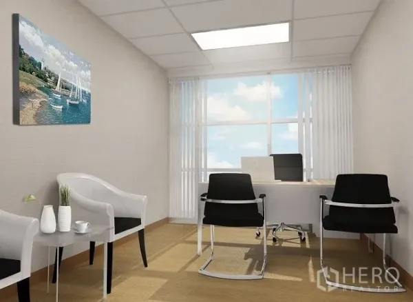 Office Space for rent in Pak Kret, Nonthaburi - Private office with large window, desk, and guest chairs under grid ceiling lights.