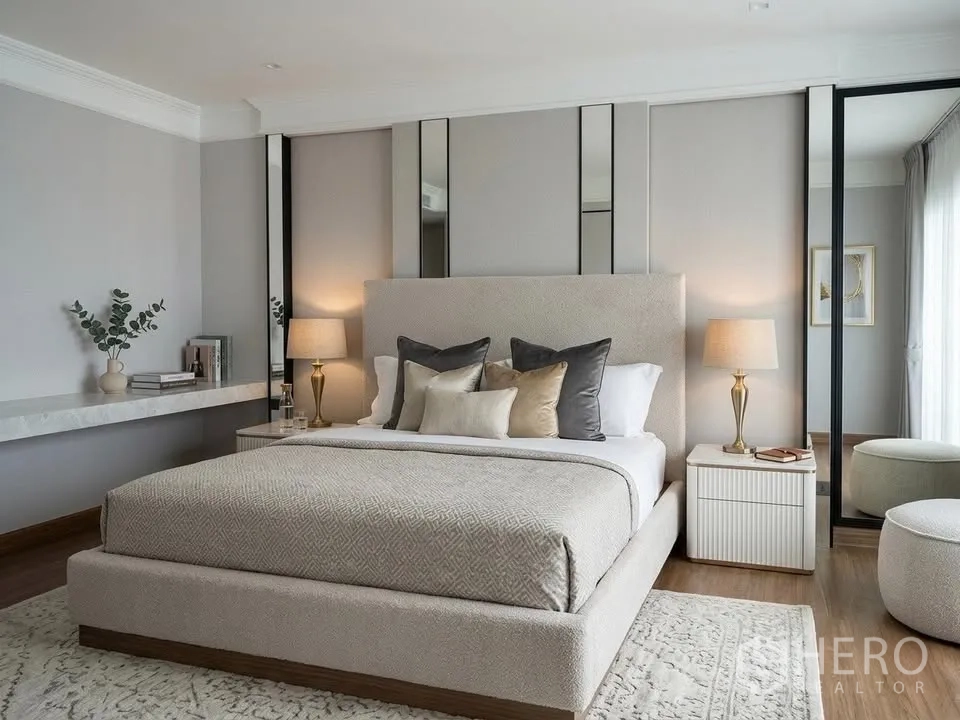 Detached House for rent in Bang Phli, Samut Prakan - Spacious master bedroom with upholstered bed, bedside tables, lamps, and full-height mirrors.