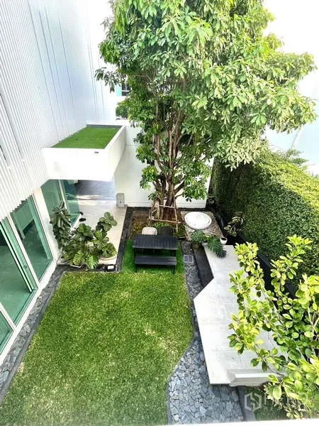 独立式住宅 出租或出售在Bang Phli, Samut Prakan - 私家庭院草坪，大树、座椅与茂密绿篱环绕。