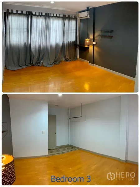 联排别墅 出租在Watthana, Bangkok - 第三卧室，灰色特色墙，纱帘与木地板。