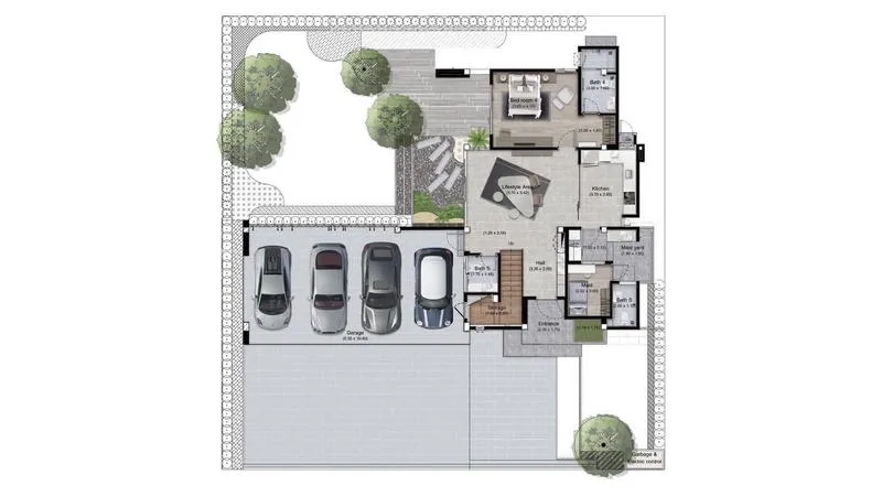 Detached House for rent or sale in Saphan Sung, Bangkok - Ground floor plan showing four-car parking, living area, kitchen and guest spaces.